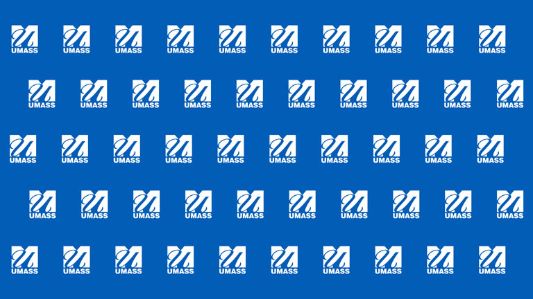  small white umass logo tiled over a medium blue background