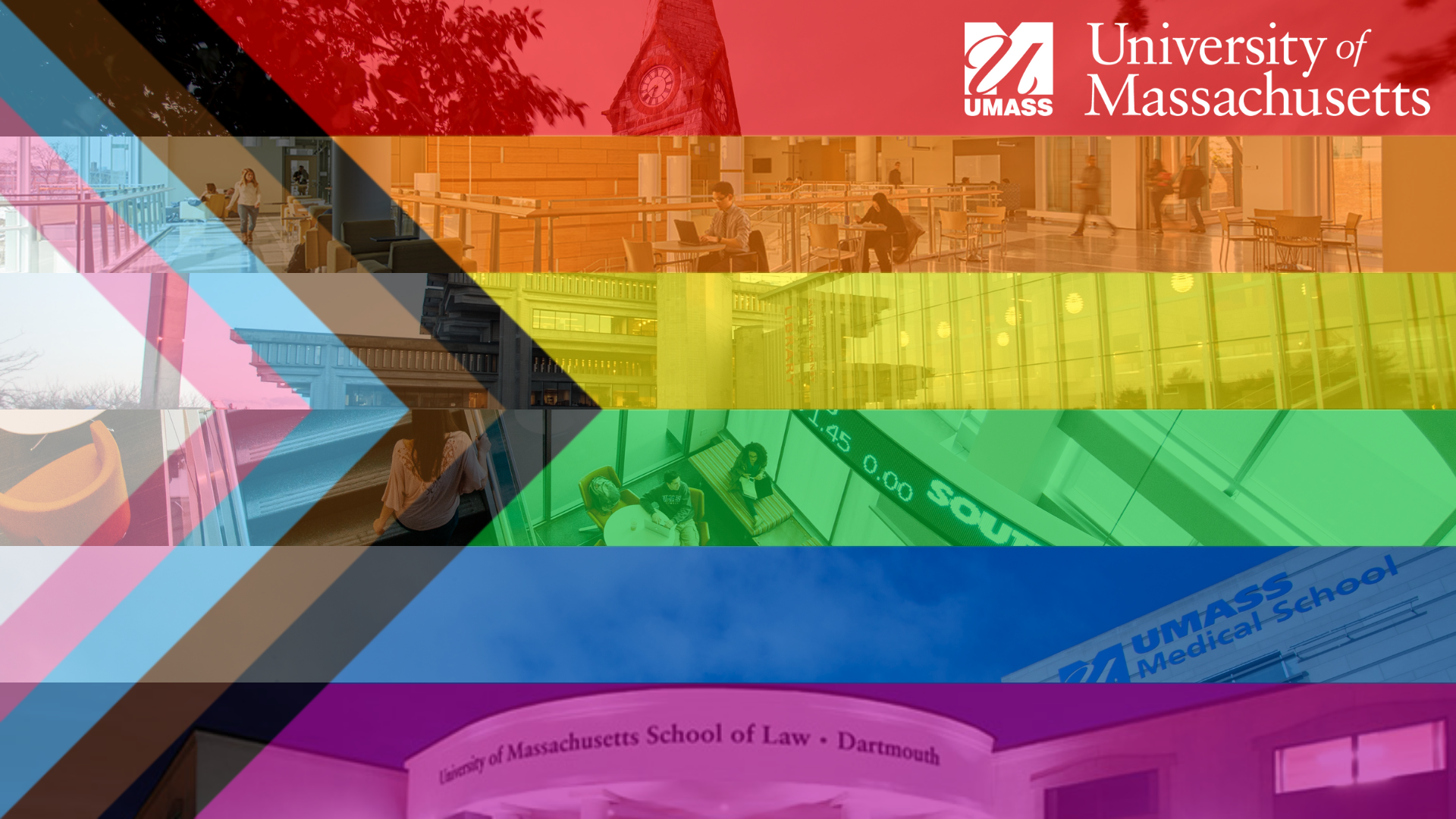 Inclusive Pride flag overlaying images of campuses