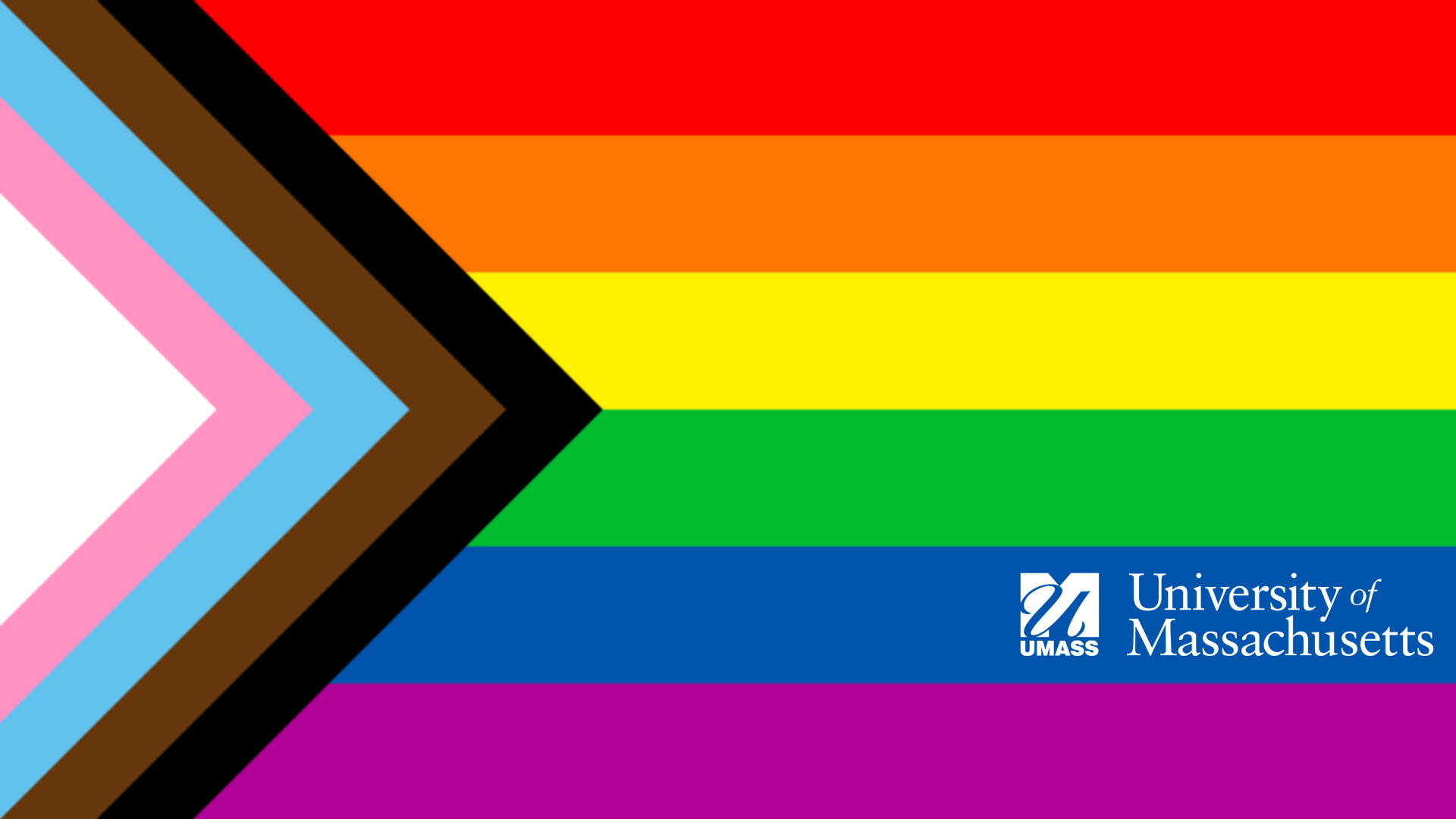 Inclusive Pride flag with UMass System logo in bottom right