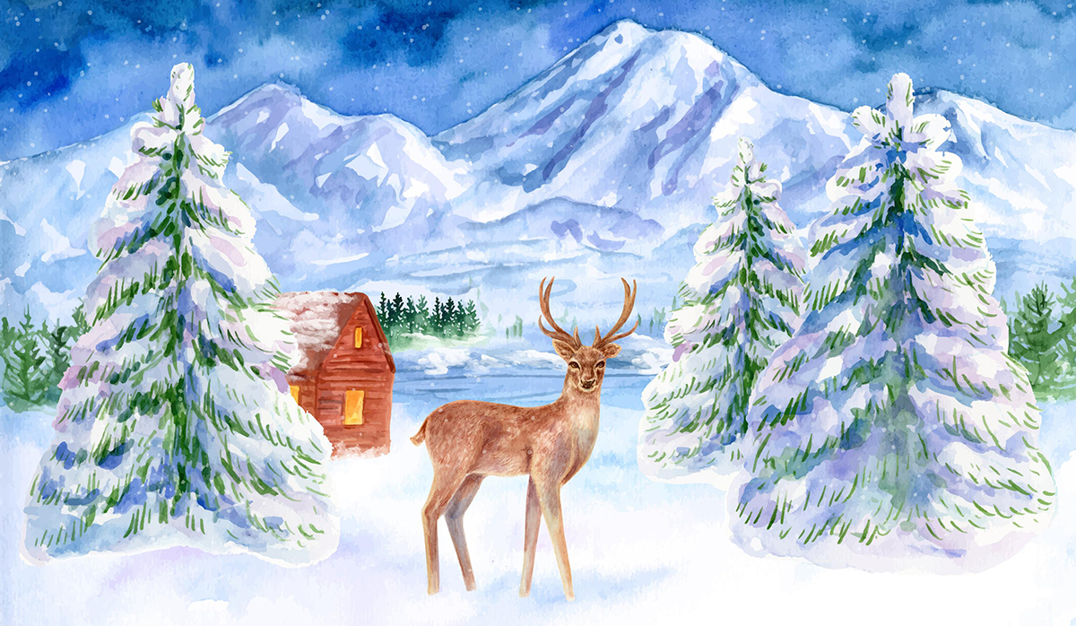 A reindeer stands in front of snow filled pine trees and snow filled mountains. A woodin cabin pokes out from behind one of the trees, its windows illuminated golden by internal lights.