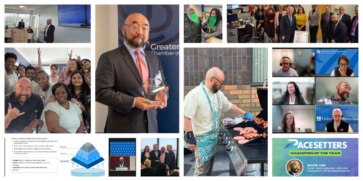 a collage of pictures with David Cho over the years at the UMass President's Office