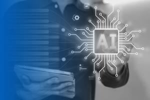 Body of a person standing with a laptop and looks to be select a graphic icon title AI