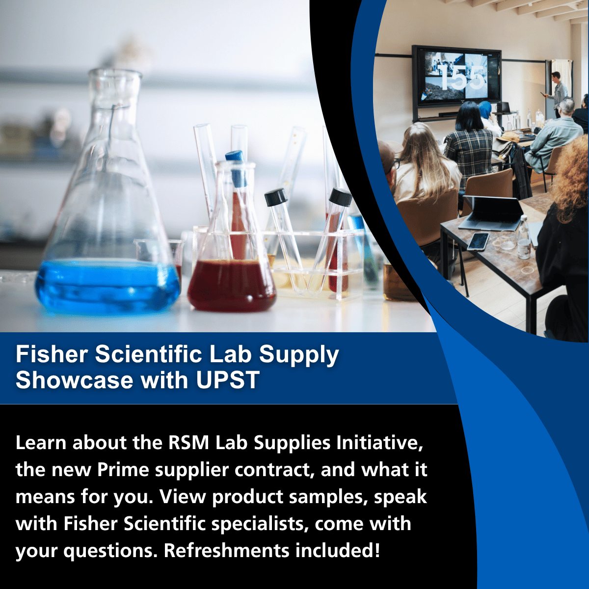 UMass and Fisher Scientific Supplier Fair graphic featuring laboratory glassware and a classroom presentation, with text announcing “Strengthening Partnerships” and describing a supplier fair connecting campus leadership with Fisher Scientific resources for managing lab supplies.