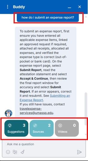 The image shows the question asked, the generated answer and the chatbot going a step further to suggest additional responses for you to check out, videos if available and in fact taking you directly to the sources of its generated answer! 