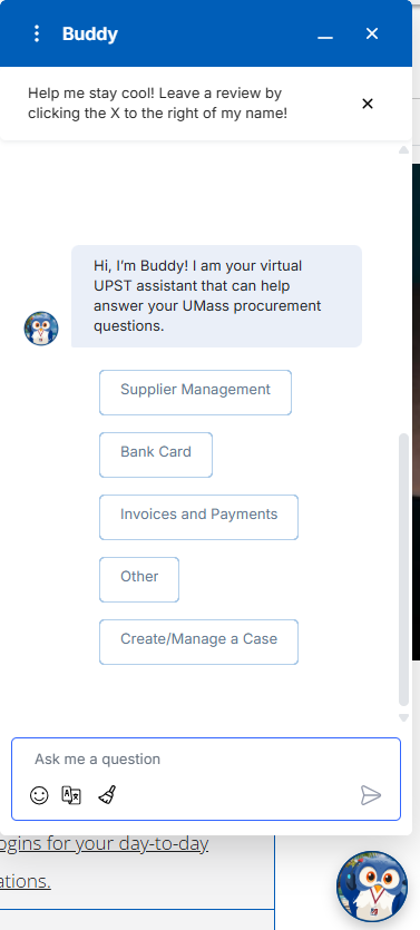 Screenshot of A&F Buddy chatbot that appears when the round owl icon is clicked on the website