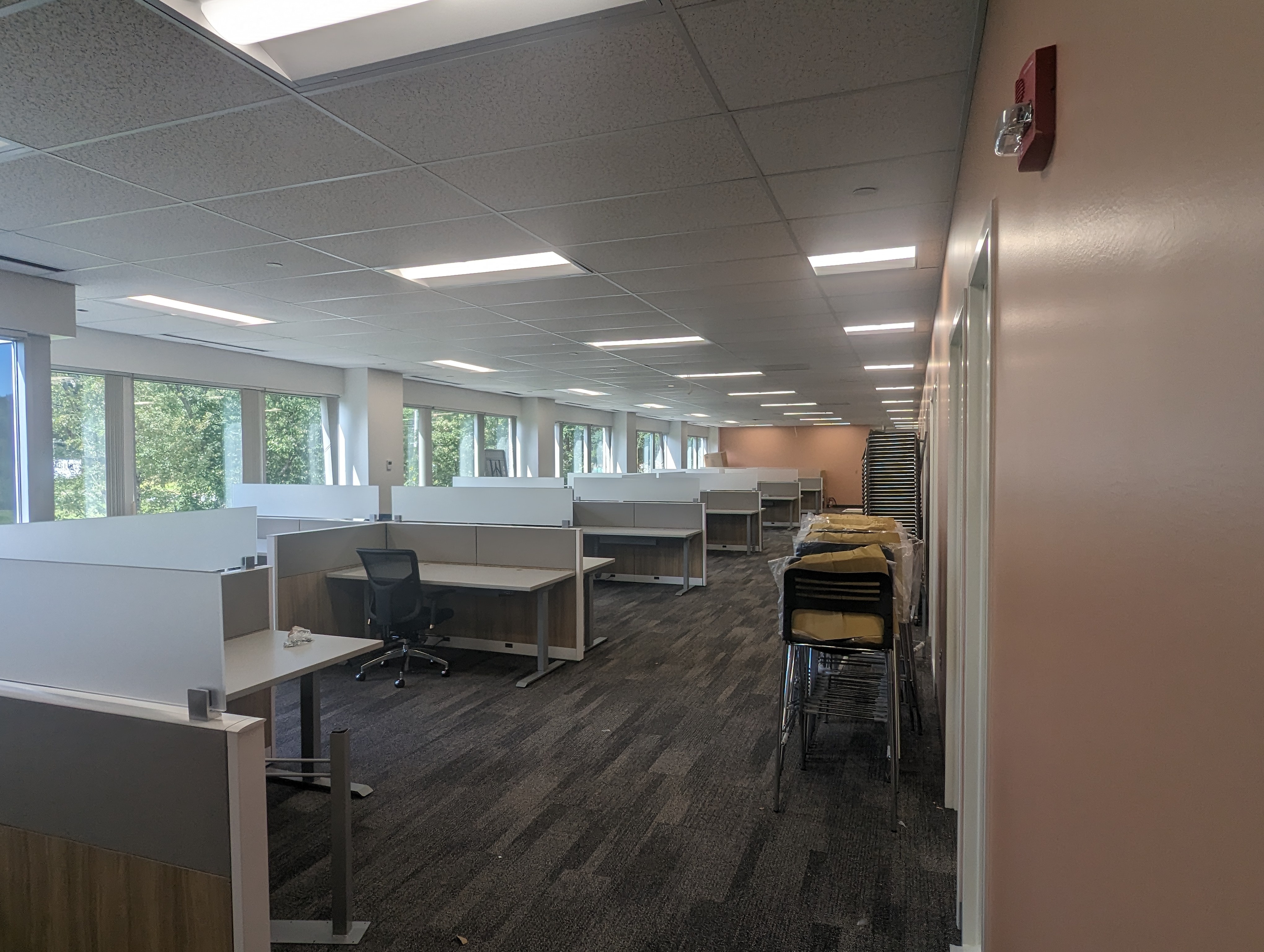 office space with cubicles and gray rug