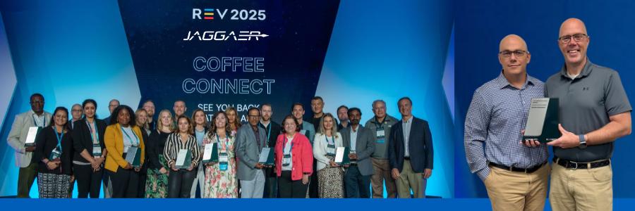 A group of people posing for a photo holding awards in front of a Jaggaer Conference banner, and another photo of Brian Girard standing next to Michael Durkin holding an award