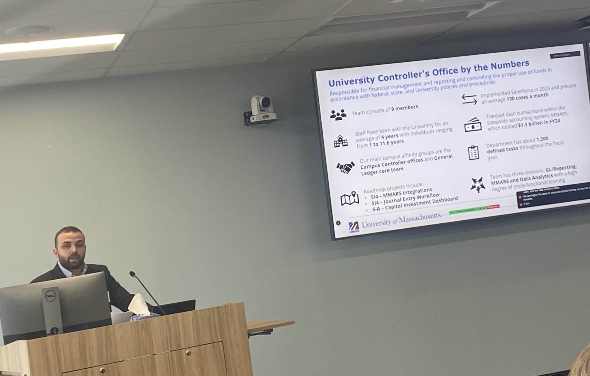 Albion Osmani from the Controller's Office presenting to A&F