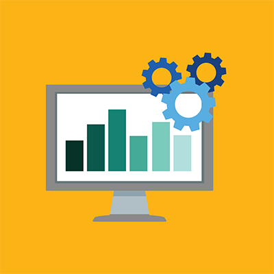 A computer monitor displaying a chart with gears above it.