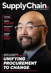 Bald, Asian man (David Cho) on the front cover of Supply Chain magazine smiling
