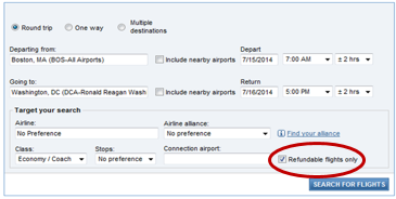 screenshot of the reservation screen with refundable check box checked