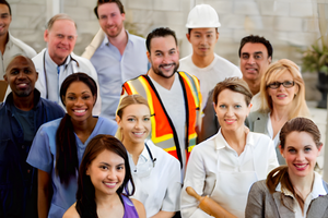 Group of diverse professionals in a variety of uniforms