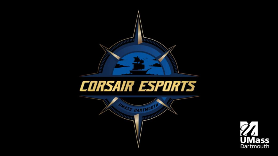 Black background with compass UMD logo with "Corsair eSports" across the center
