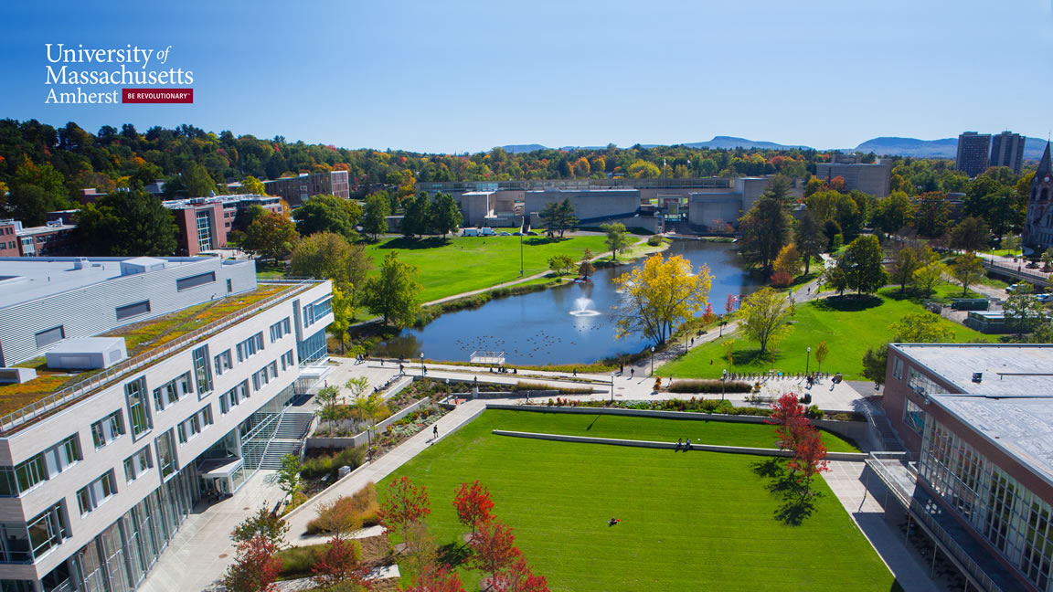 aerial view of umass amherst with logo