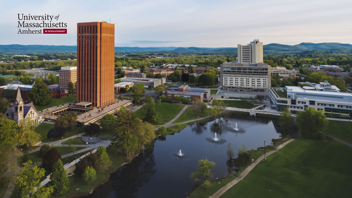 aerial view of umass amherst with logo