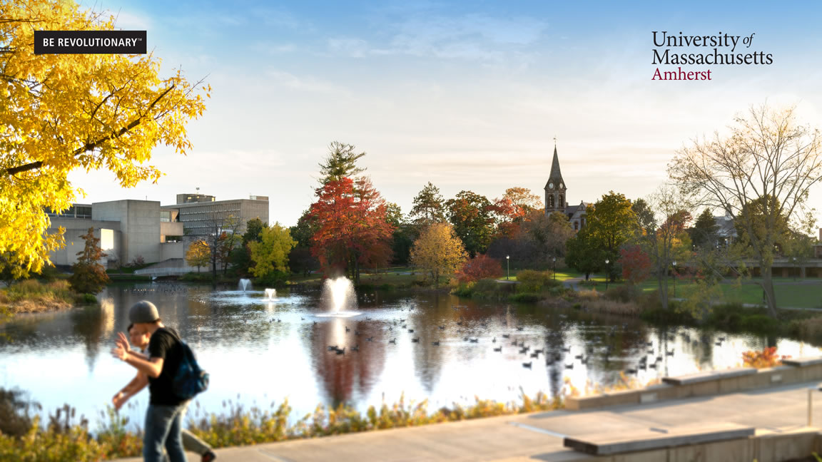 fall scene at Umass Amherst with brand and logo