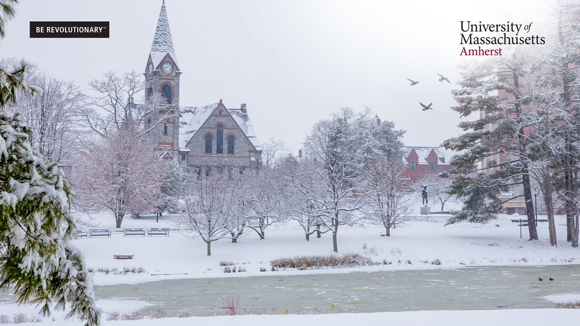 winter scene at UMass Amherst with logo