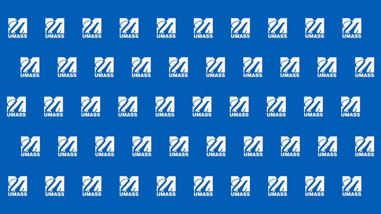  small white umass logo tiled over a medium blue background