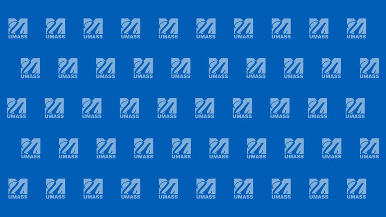 small umass logo, slightly transparent, tiled over a medium blue background