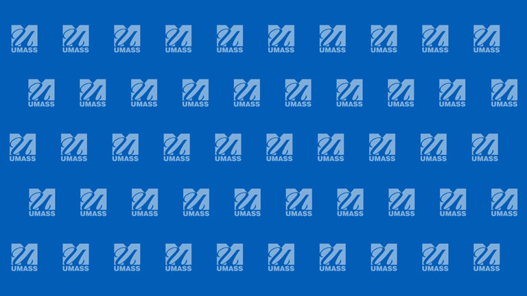 small umass logo, slightly transparent, tiled over a medium blue background