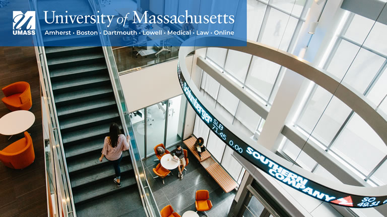 interior of umass lowell's manning school of business with umass logo