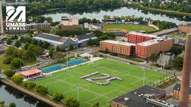 aerial view of UMass Lowell's campus fields