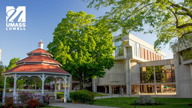 UMass Lowell campus gazebo with logo