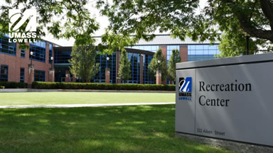 UMass Lowell recreation center exterior with logo