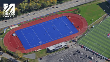 UMass Lowell campus track with logo