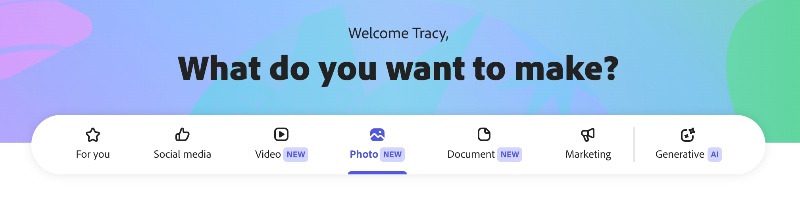 welcome menu on Adobe express website