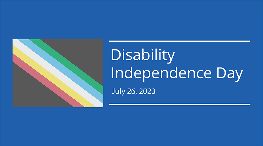 The Disability Pride Flag: A charcoal grey flag with a diagonal band from the top left to bottom right corner, made up of five parallel stripes in red, gold, pale grey, blue, and green.