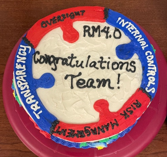 A red, white, and blue cake with congratulations in the center.