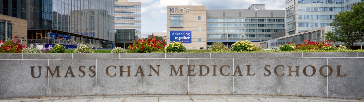 UMass Chan Medical School curved sign with a bright blue cloudy sky in the background