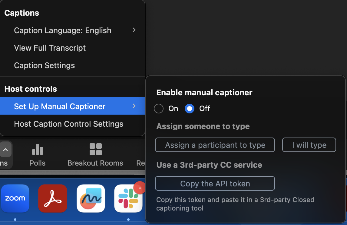 Screenshot of Enable manual captioner menu with On and Off buttons for the Enable manual captioner and two otehr sections: Assign someone to type and Use a 3rd party CC service. 