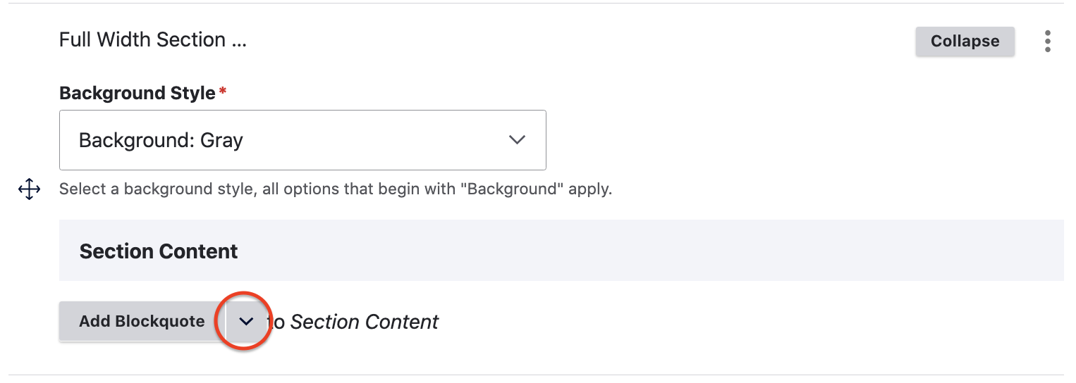 full width section with background color initial editor with dropdown button circled