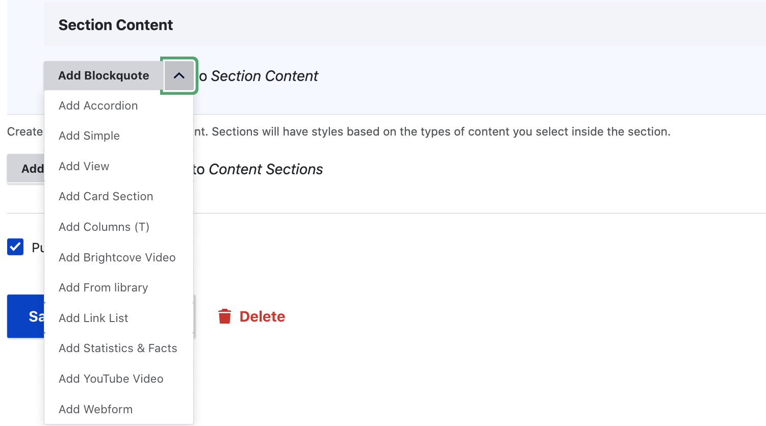 dropdown of section content inside full width section with background color