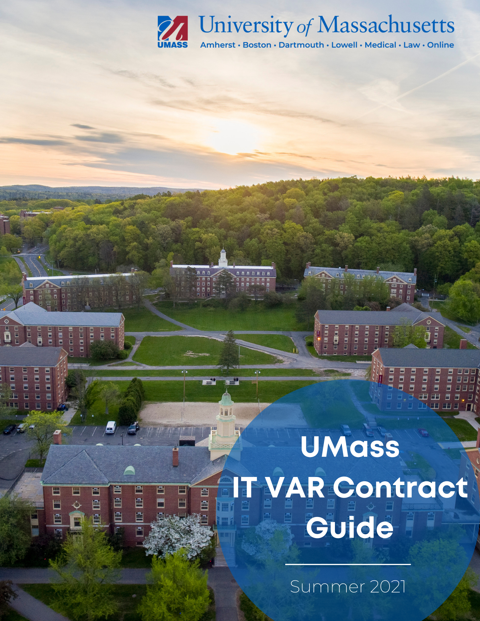 "sunset sky over a grid of campus brick buildings surrounded by green nature"