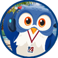 Logo for A&F Chatbot Buddy - a blue owl with UMass lanyard