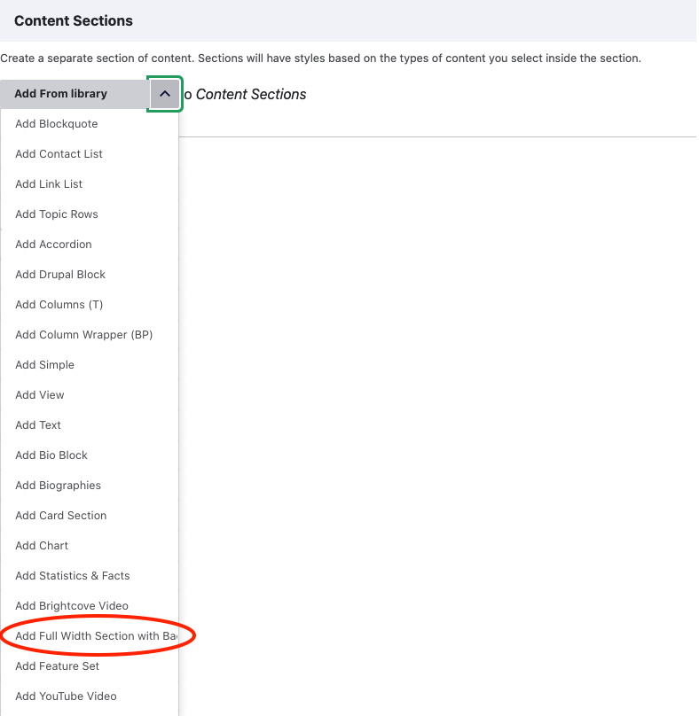 second step 1 image with expanded dropdown circling "Add Full Width Section with Background Color"