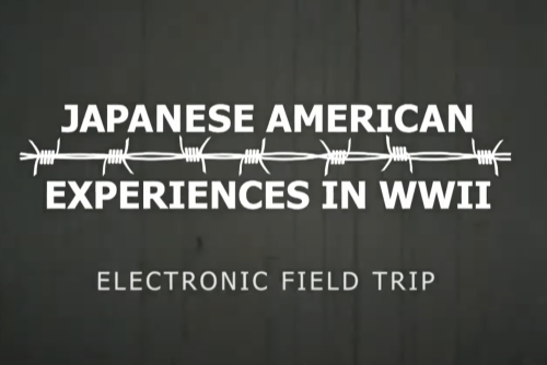  The words "Japanese American" separated by barb wire with the words below that say, "Experiences in WWII." The subtitle reads, "Electronic Field Trip."