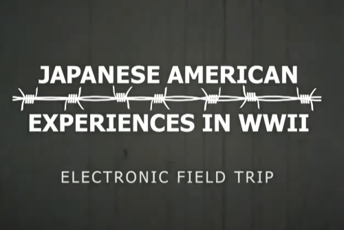 The words "Japanese American" separated by barb wire with the words below that say, "Experiences in WWII." The subtitle reads, "Electronic Field Trip."