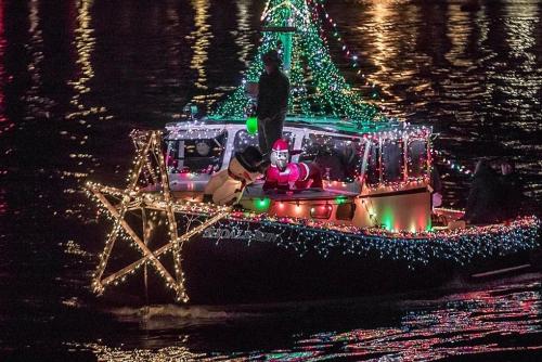 A boat decorated in holiday lights with a big star on the front glides through the ocean.