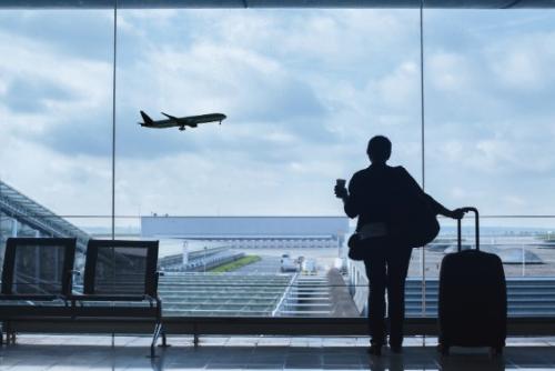 person with luggage at airport gate watching a plane take off