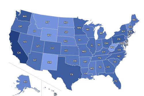 Static Preview of Interactive Cambodian Population by State Map showing California, Massachusetts, and Washington State with the largest Cambodian populations.