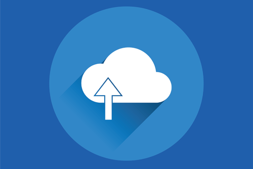 white cloud with white arrow pointing up ontop of blue background