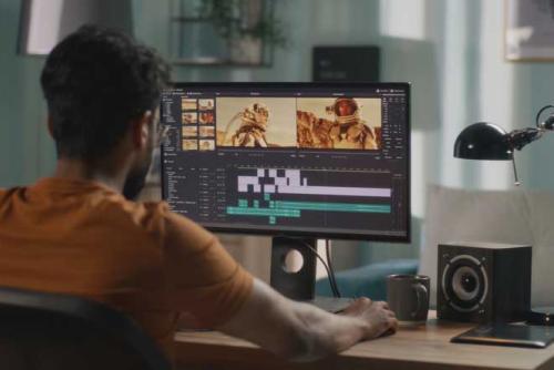 Man editing video on computer