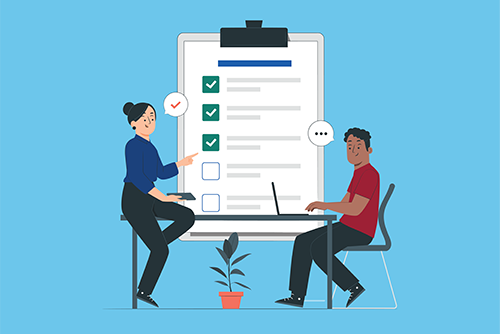 Two people work on a checklist.