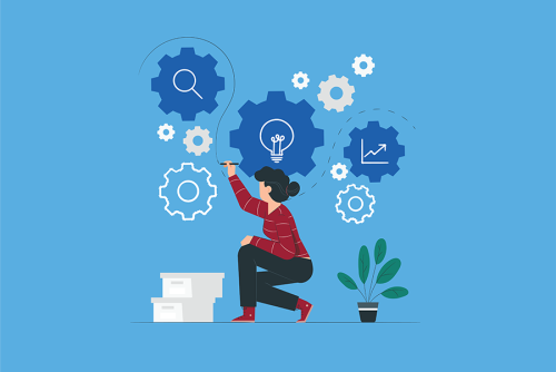 A woman draws a connection between two steps in a business process.