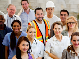 Group of diverse professionals in a variety of uniforms