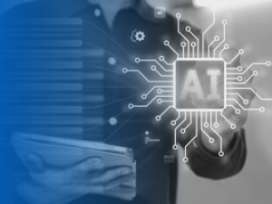 Body of a person standing with a laptop and looks to be select a graphic icon title AI